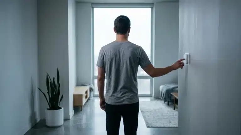 A person interacting with a smart thermostat in a modern, minimalist living room, illustrating seamless tech integration into daily routines.