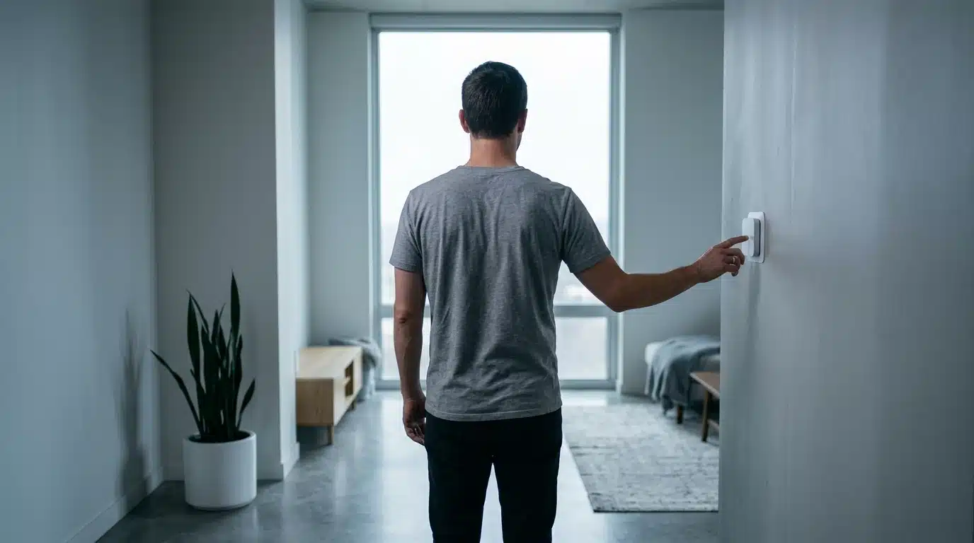 A person interacting with a smart thermostat in a modern, minimalist living room, illustrating seamless tech integration into daily routines.