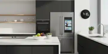 Modern organized kitchen with smart appliances and clean countertops