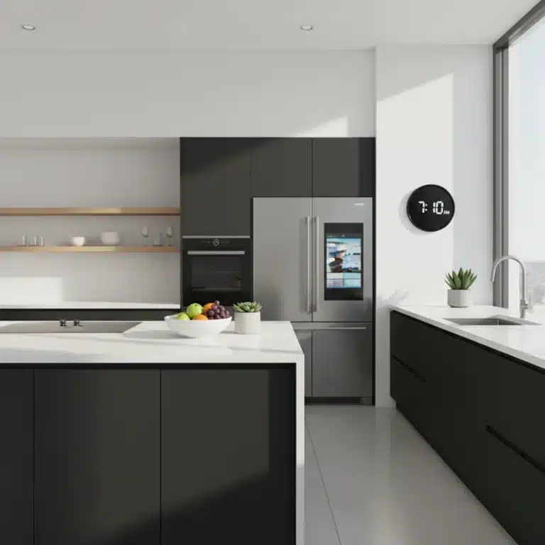 Modern organized kitchen with smart appliances and clean countertops