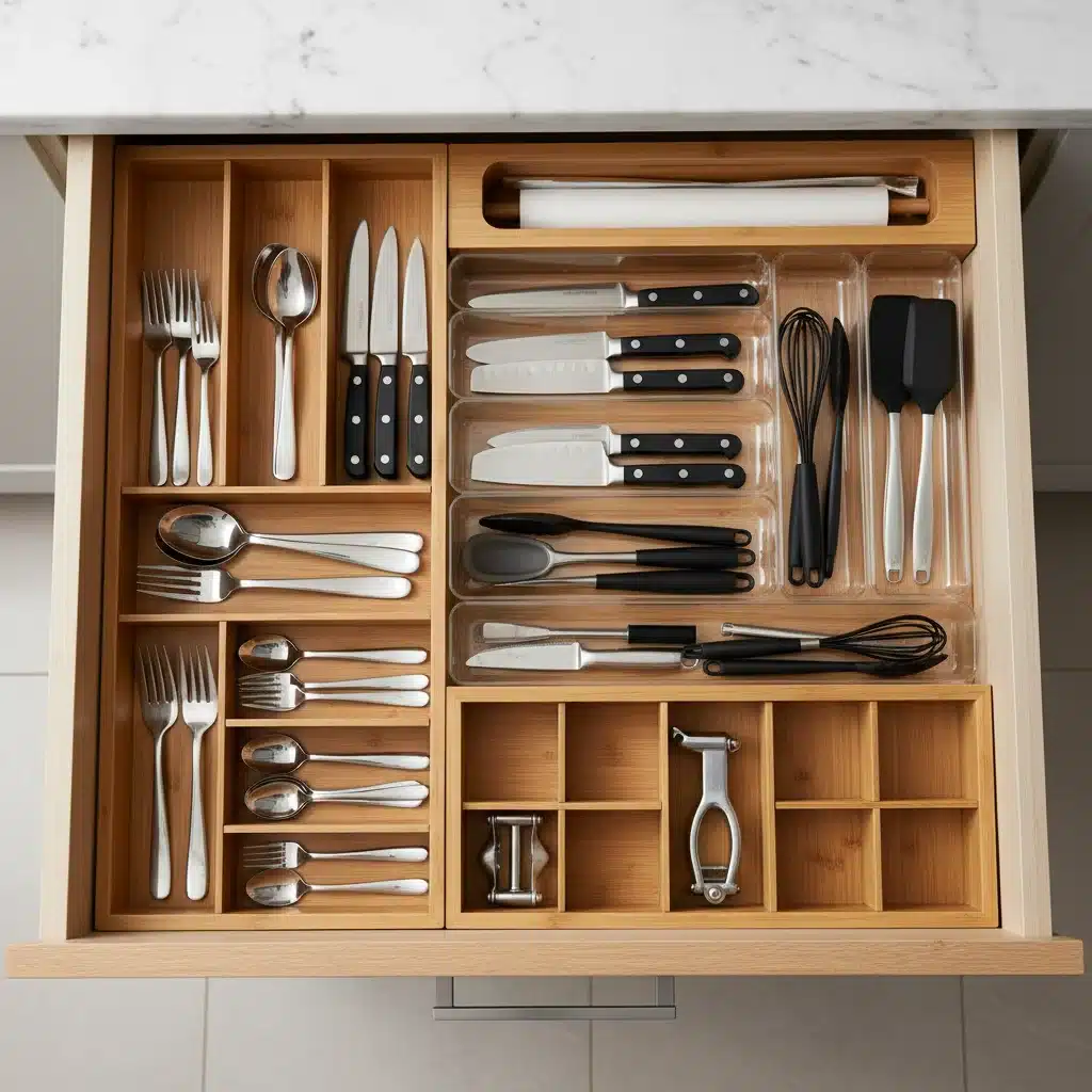 Organized kitchen drawer with cutlery and modular organizers