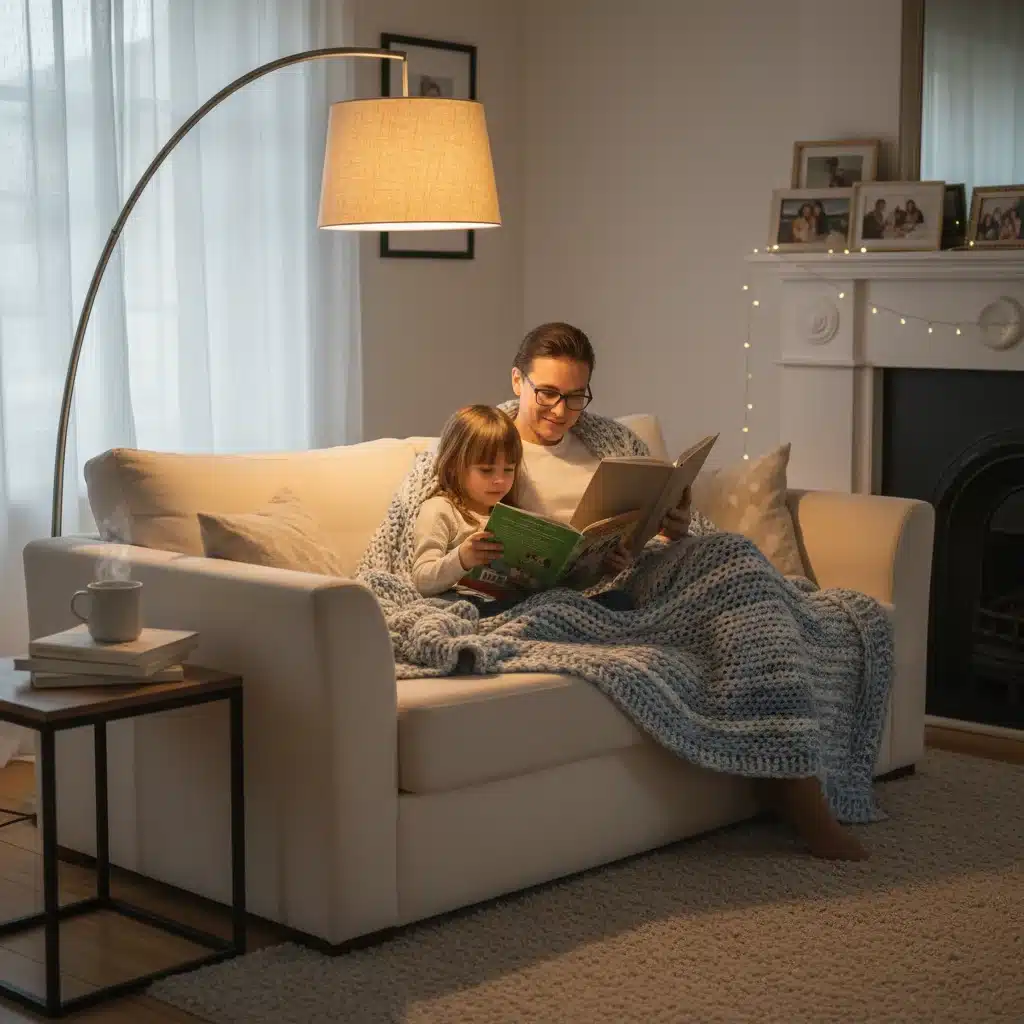 Parent and child reading books together on a sofa, cozy and relaxed.
