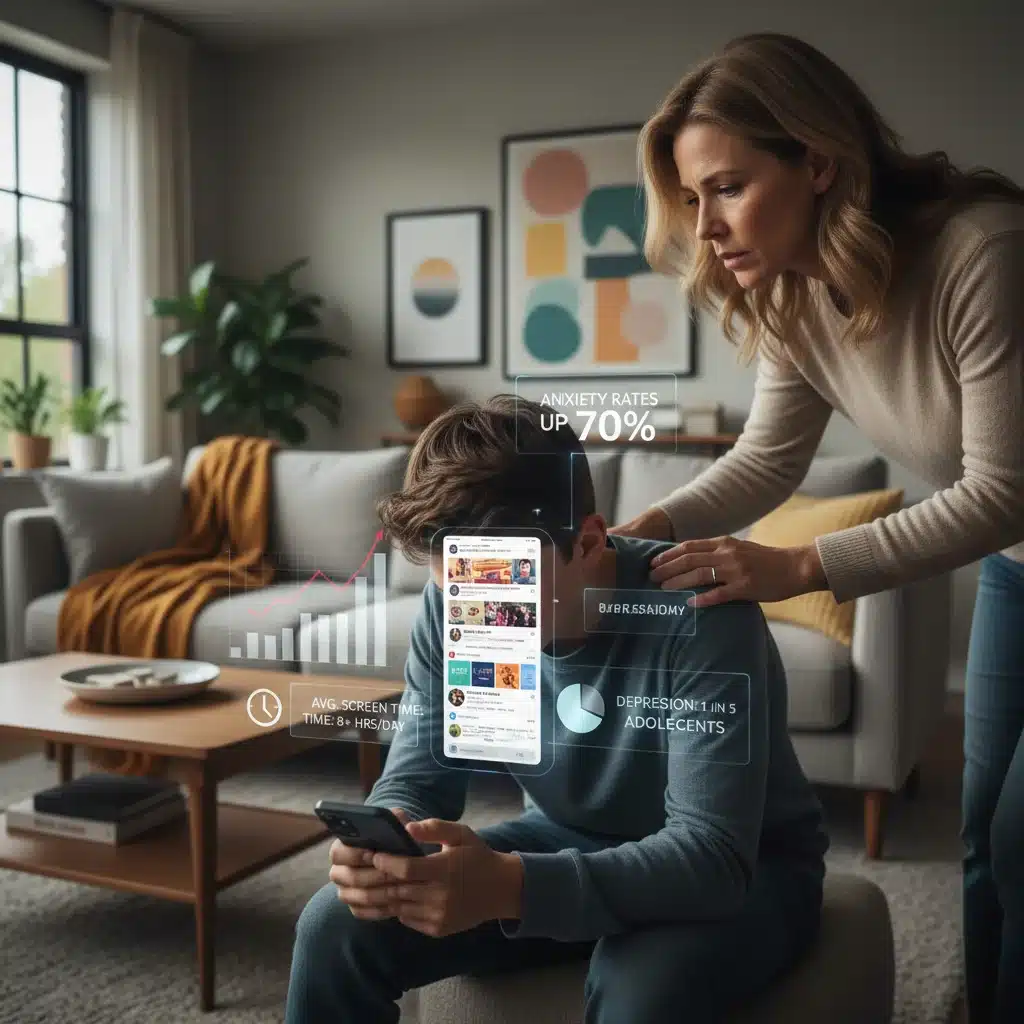 Parental guidance, teen screen time, social media risks, mental well-being