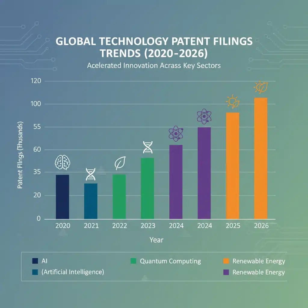 Infographic displaying rising patent filing trends across various emerging technology sectors towards 2026.