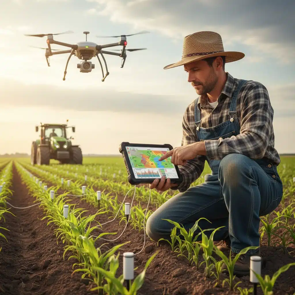 Farmer monitoring soil data on a tablet with a drone in the background, showcasing precision agriculture.