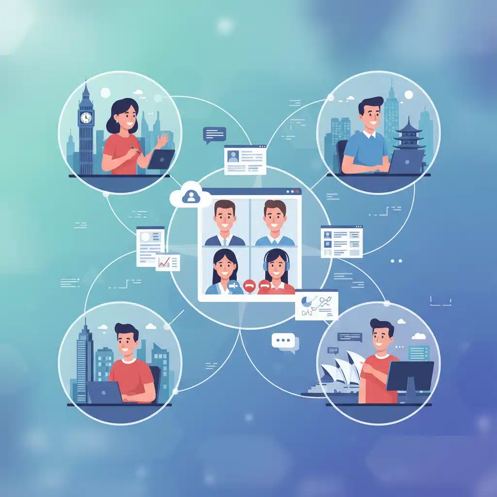 Remote and hybrid work collaboration in a modern digital office setting.