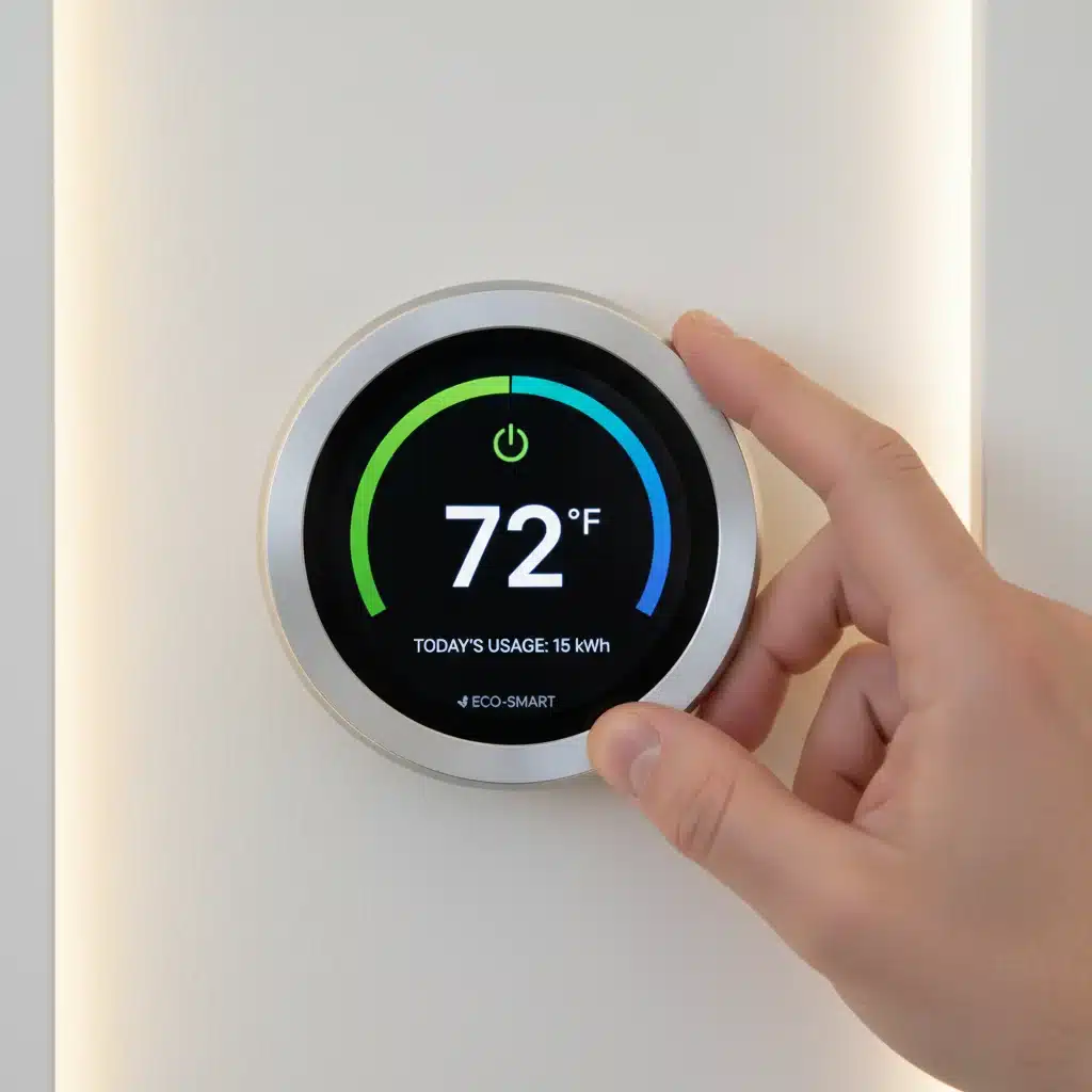 Smart thermostat displaying energy usage data being adjusted