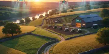 Sunrise over a US farm integrating sustainable agriculture technologies like drones and automated machinery.