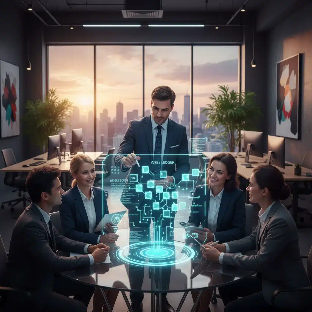 Business team collaborating on blockchain and smart contract implementation in a modern office.