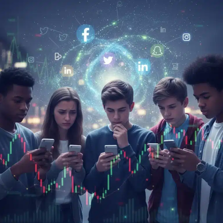 Teenagers using smartphones, social media impact, mental health, financial implications