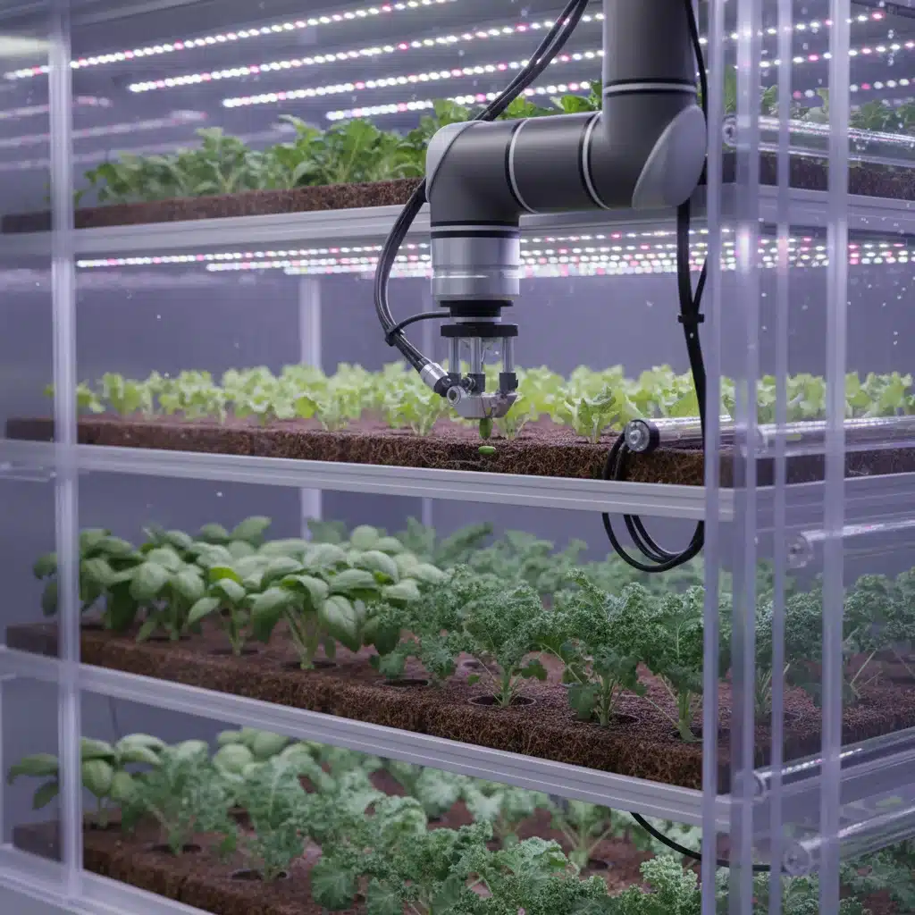 Robotic arm planting seeds in a multi-layered vertical farm with LED lighting.