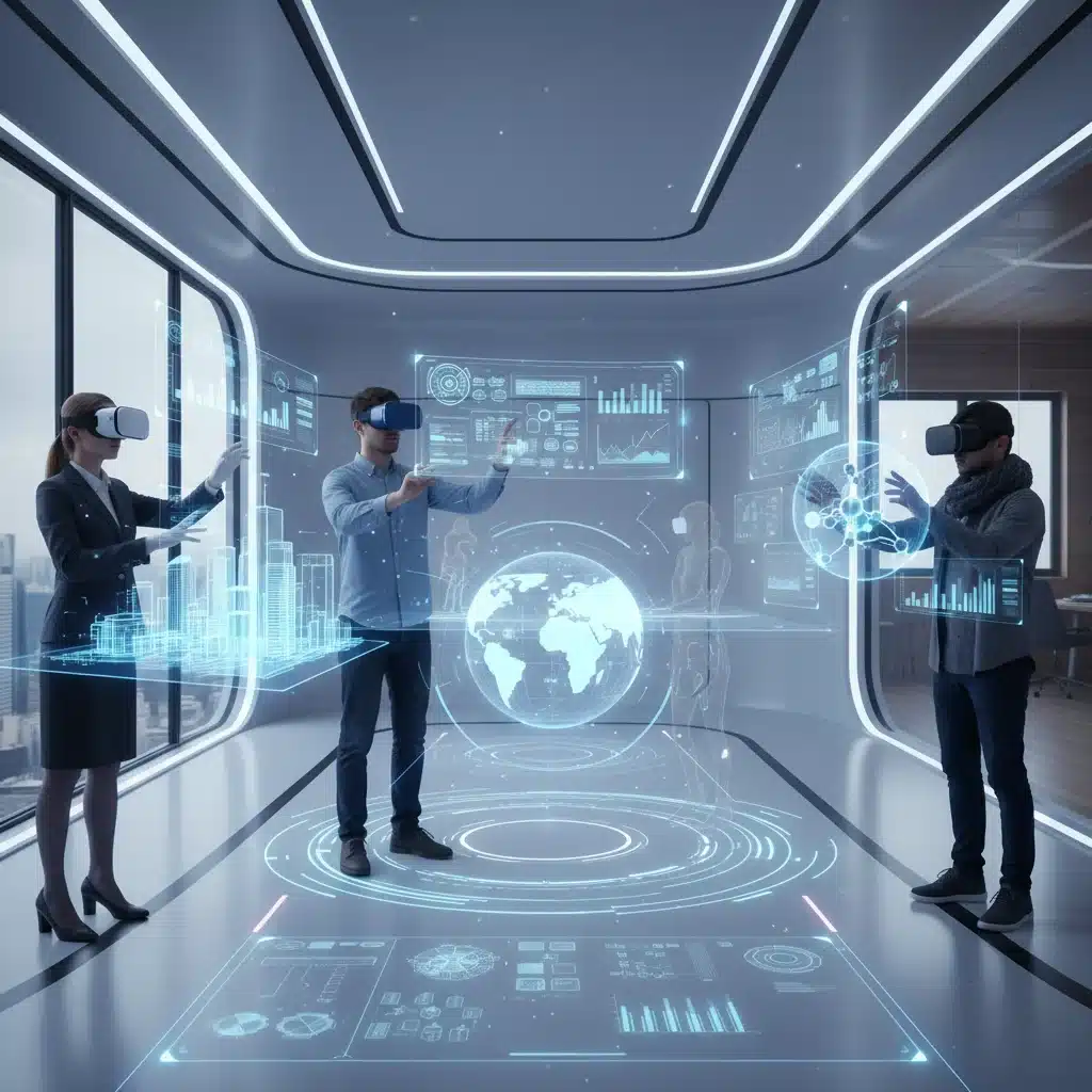 Virtual reality meeting with remote teams, immersive collaboration in VR environment.