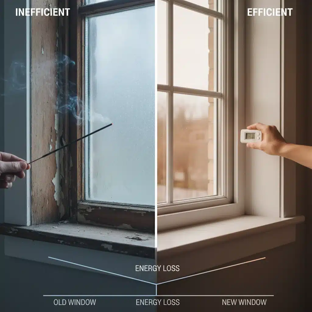 Inefficient old window versus modern energy-efficient window