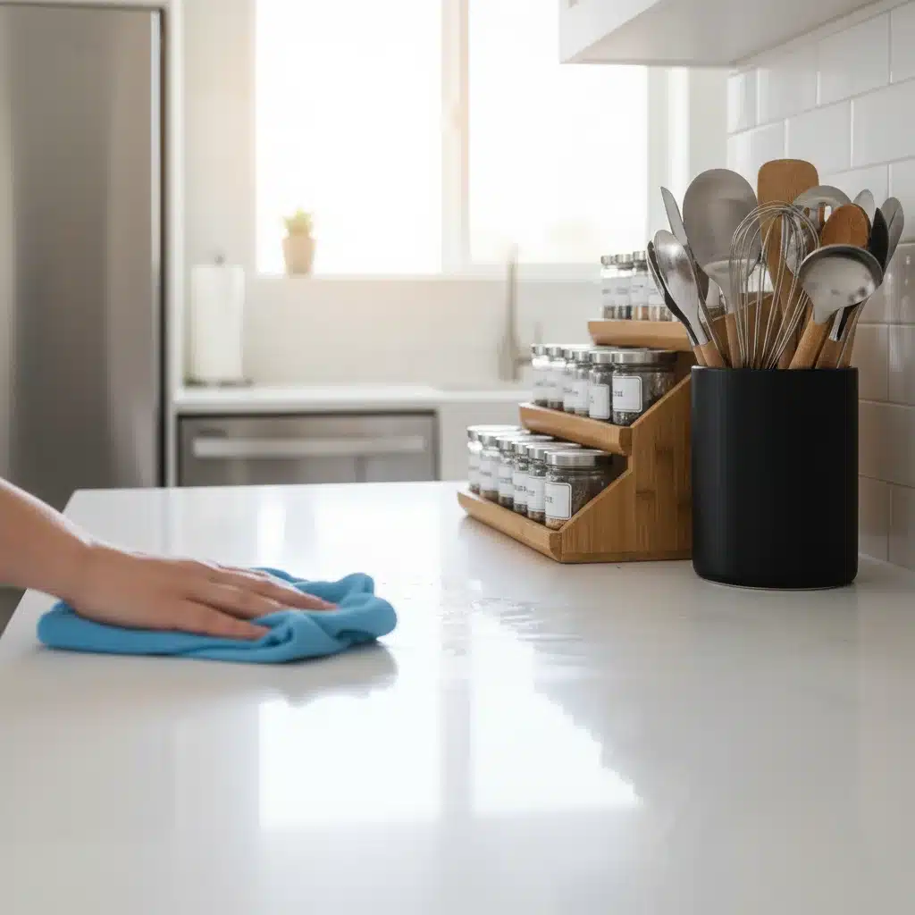 Hand wiping kitchen counter with microfiber cloth