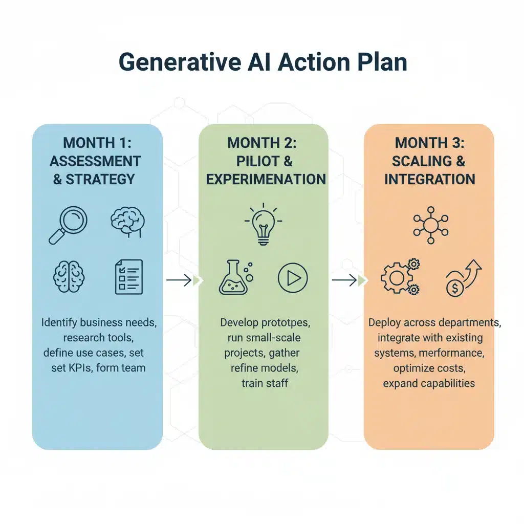Three-month generative AI action plan infographic for businesses