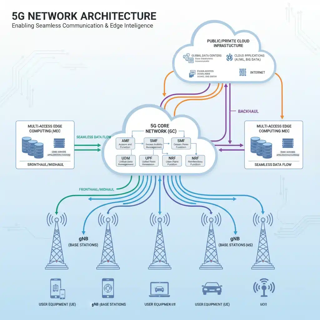 Diagram of 5G network architecture components and data flow