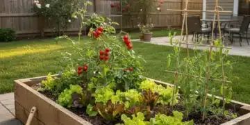 Lush raised garden bed with easy-to-grow vegetables for beginners.