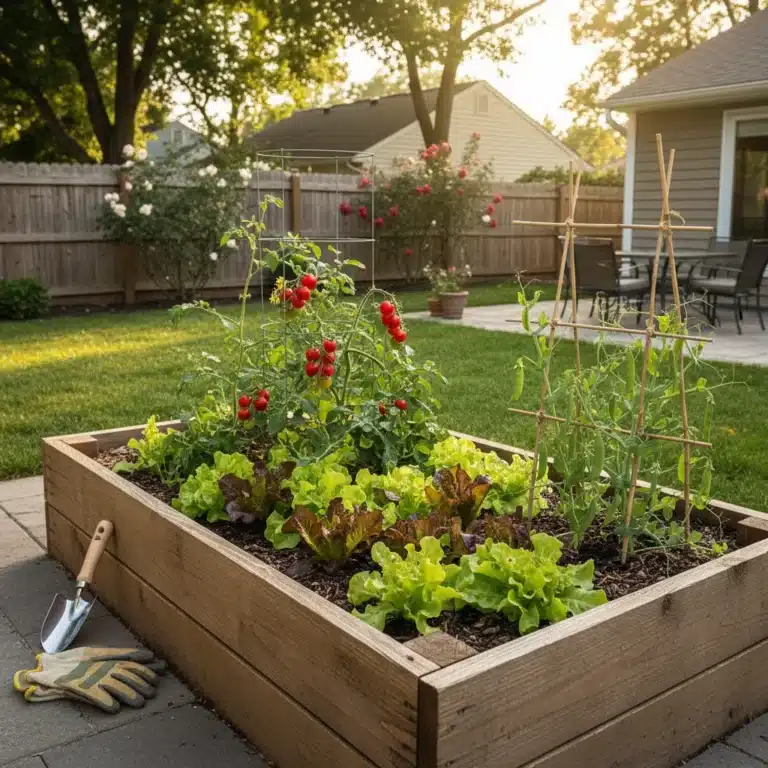 Lush raised garden bed with easy-to-grow vegetables for beginners.
