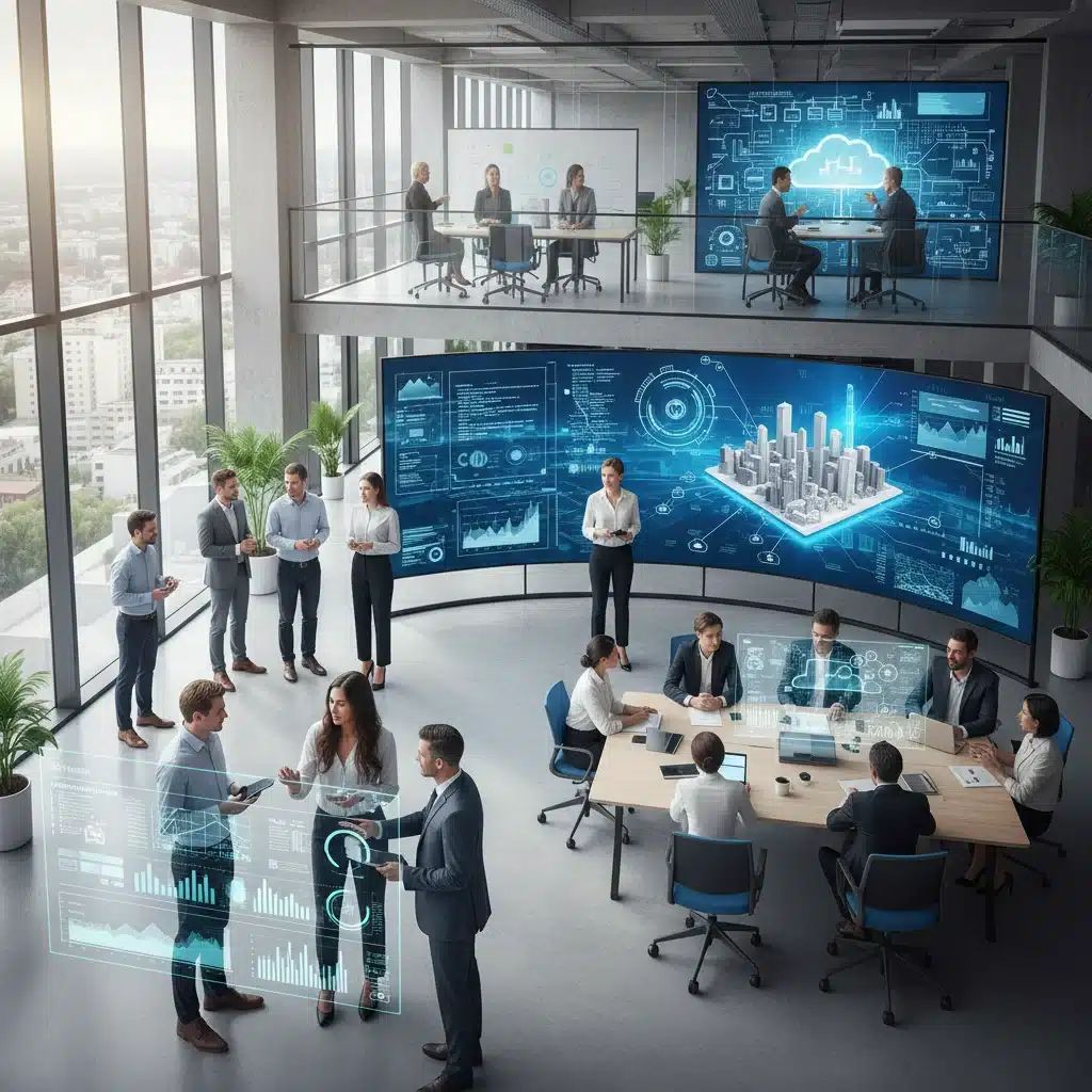 Business team collaborating and innovating with cloud-enabled technology in a modern office.
