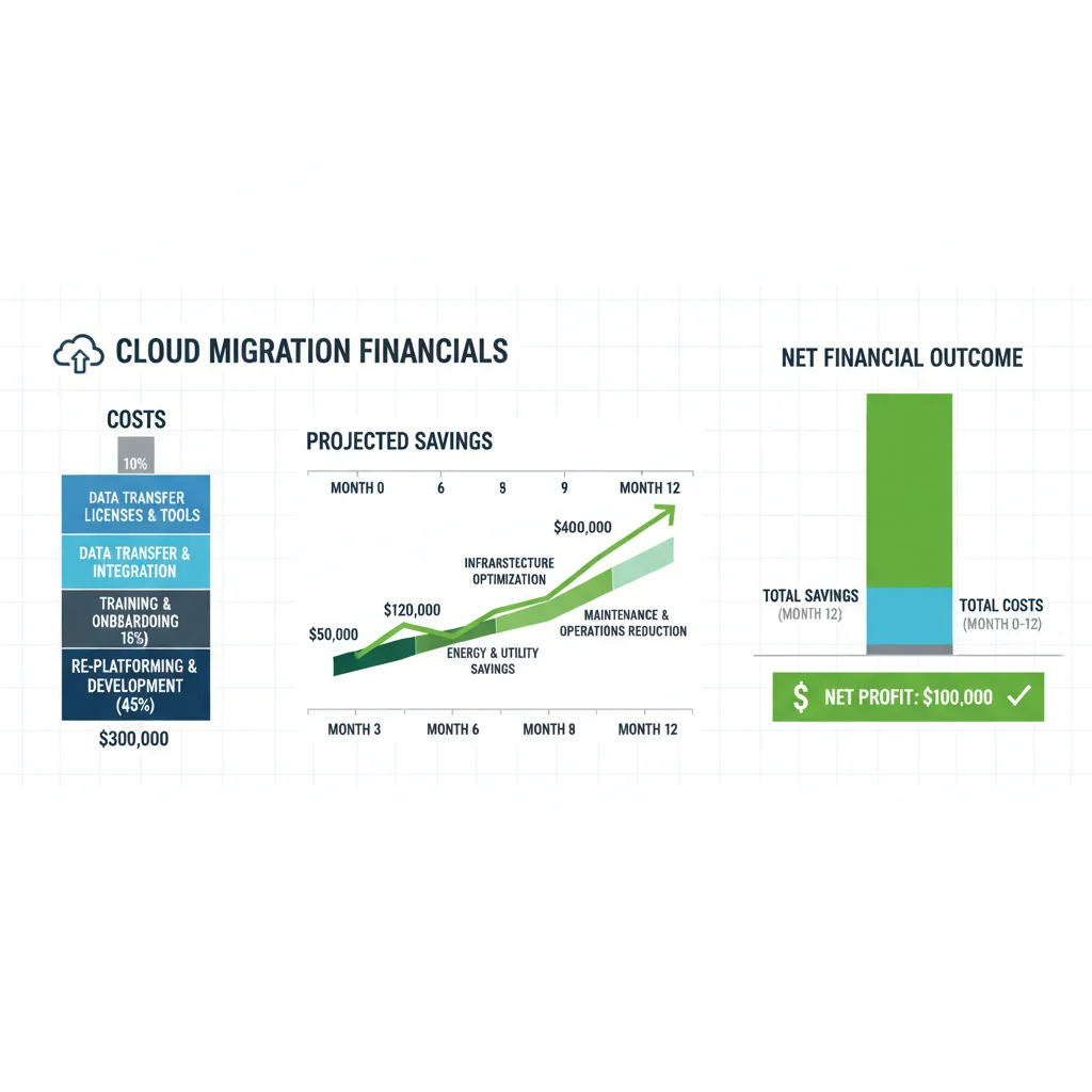 Infographic detailing cloud migration cost analysis and projected savings over a year.