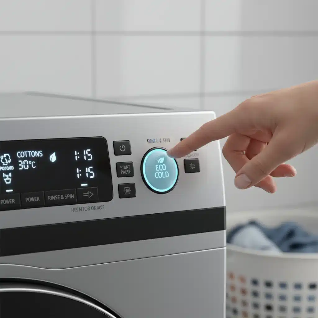 Hand selecting cold water wash cycle on washing machine