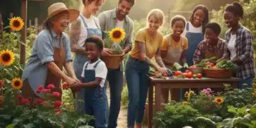 Diverse community members engaging in a vibrant garden project, symbolizing social connection and combating loneliness.