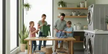 Family sorting laundry in an energy-efficient laundry room with modern appliances