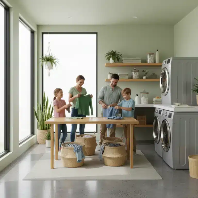 Family sorting laundry in an energy-efficient laundry room with modern appliances