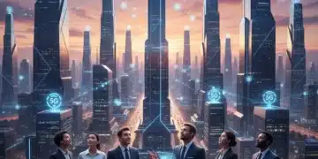 Futuristic cityscape with 5G network symbols and business professionals