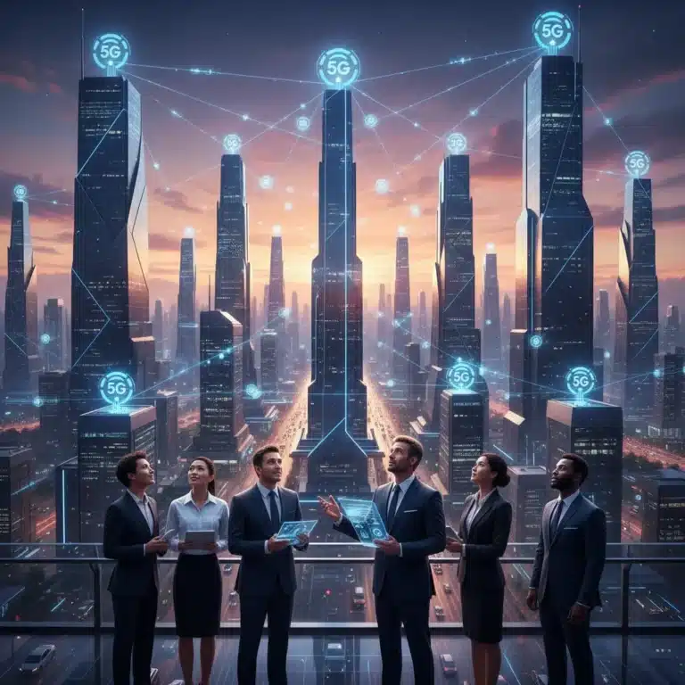 Futuristic cityscape with 5G network symbols and business professionals