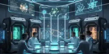 Scientists in a futuristic lab examining advanced material samples