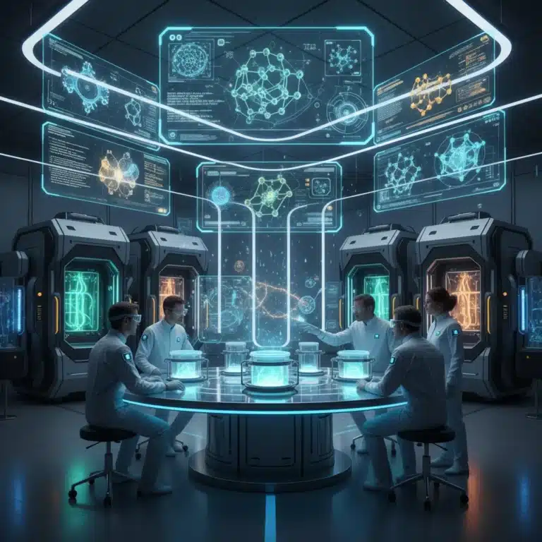 Scientists in a futuristic lab examining advanced material samples