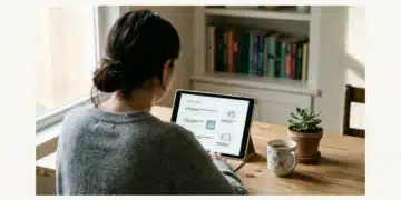 Beyond the Buzz: Actionable Daily Living Tips for the Modern Era A person viewed from behind, sitting at a wooden desk with a tablet displaying a curated news feed, next to a ceramic mug and a succulent, in soft morning light, depicting digital information management.