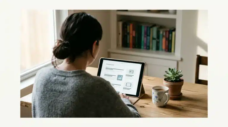 A person viewed from behind, sitting at a wooden desk with a tablet displaying a curated news feed, next to a ceramic mug and a succulent, in soft morning light, depicting digital information management.
