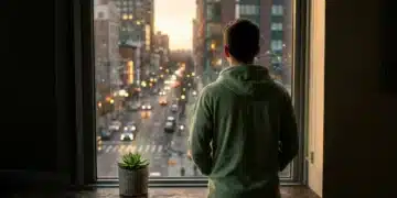 A person stands with their back to a window, looking out at a city at dusk, with digital interfaces subtly reflected over the urban landscape, symbolizing digital connection and privacy in modern society.