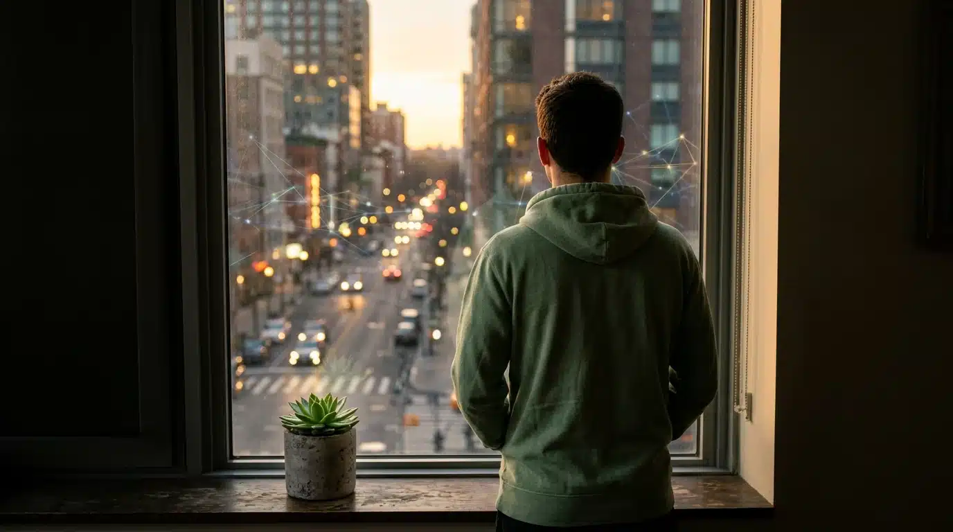 A person stands with their back to a window, looking out at a city at dusk, with digital interfaces subtly reflected over the urban landscape, symbolizing digital connection and privacy in modern society.