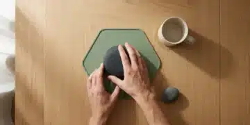 Aerial view of a person setting up a smart speaker on a green hexagonal mat on an oak table, symbolizing easy integration of home technology.