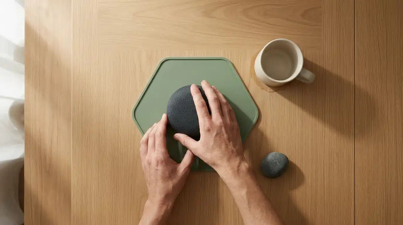 Aerial view of a person setting up a smart speaker on a green hexagonal mat on an oak table, symbolizing easy integration of home technology.