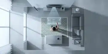 Unlocking Tomorrow: Expert Strategies for Navigating Tech and Life's Evolving Landscape An aerial view of a person interacting with a holographic smart home interface in a minimalist living space, showcasing integrated technology for daily living optimization.