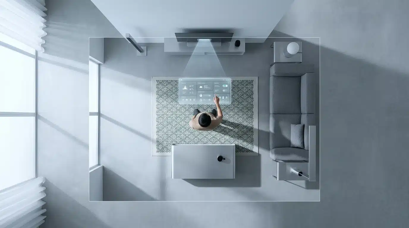 An aerial view of a person interacting with a holographic smart home interface in a minimalist living space, showcasing integrated technology for daily living optimization.