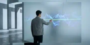 Navigating the New Frontier: Avoiding Common Pitfalls in Emerging Tech Adoption A person reaching towards a glowing green line amidst abstract data projections on a frosted glass wall, symbolizing the critical distinction between fleeting tech fads and true innovation.
