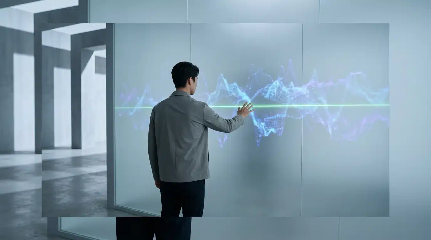 A person reaching towards a glowing green line amidst abstract data projections on a frosted glass wall, symbolizing the critical distinction between fleeting tech fads and true innovation.