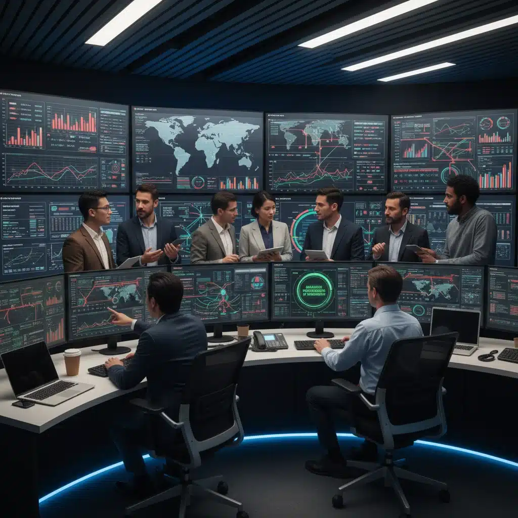 IT professionals analyzing network performance data in a control room