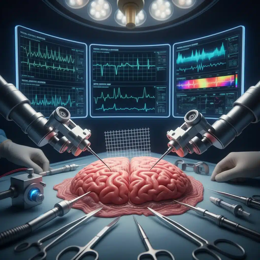 Microelectrode array implantation for invasive Brain-Computer Interfaces, showcasing medical precision