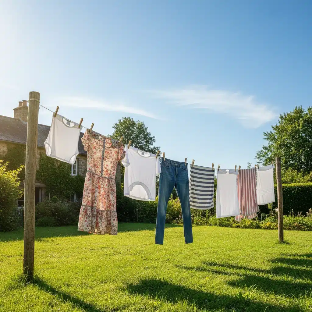 Fresh laundry drying on an outdoor clothesline under a sunny sky