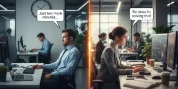 Disengaged and engaged employees contrasting quiet quitting in a modern office