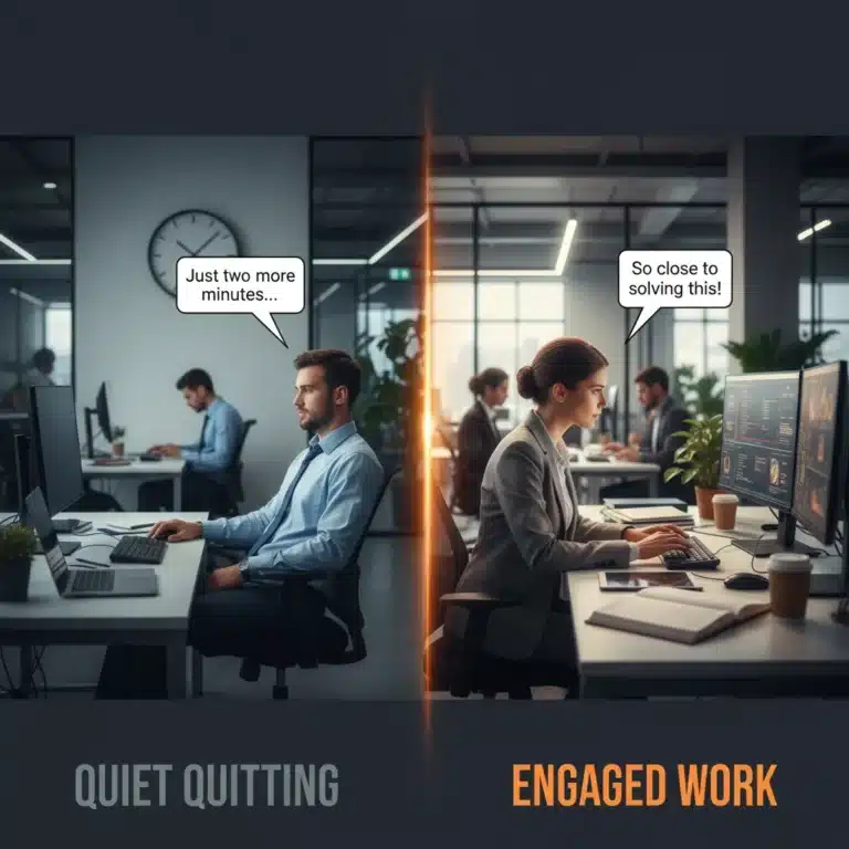 Disengaged and engaged employees contrasting quiet quitting in a modern office