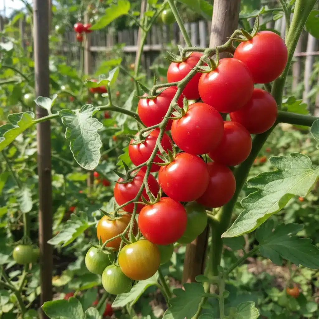 Ripe red cherry tomatoes hanging on the vine in a home garden.