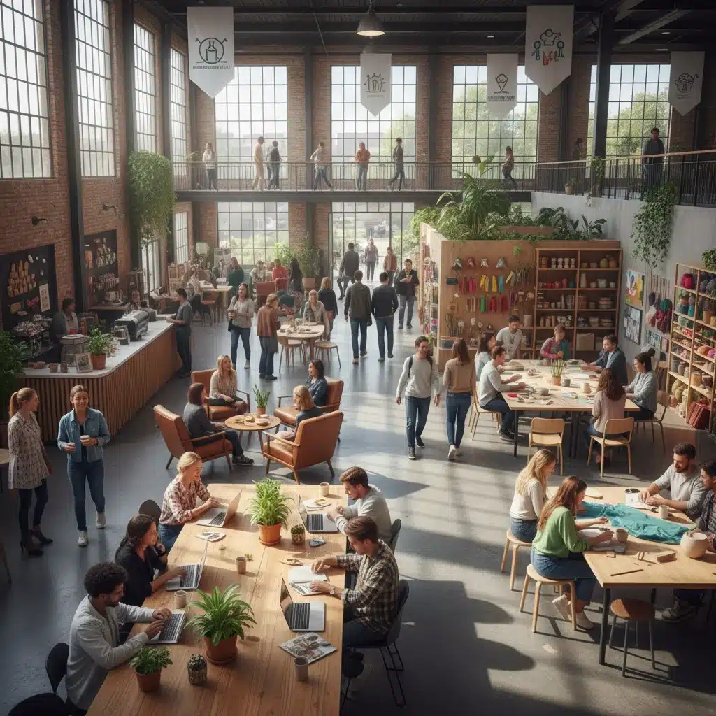 Vibrant community hub with co-working, cafe, and craft areas fostering social interaction and belonging.