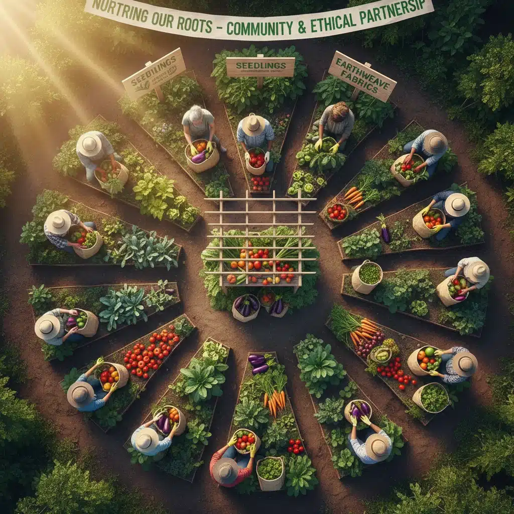 Diverse community members working together in a thriving organic garden